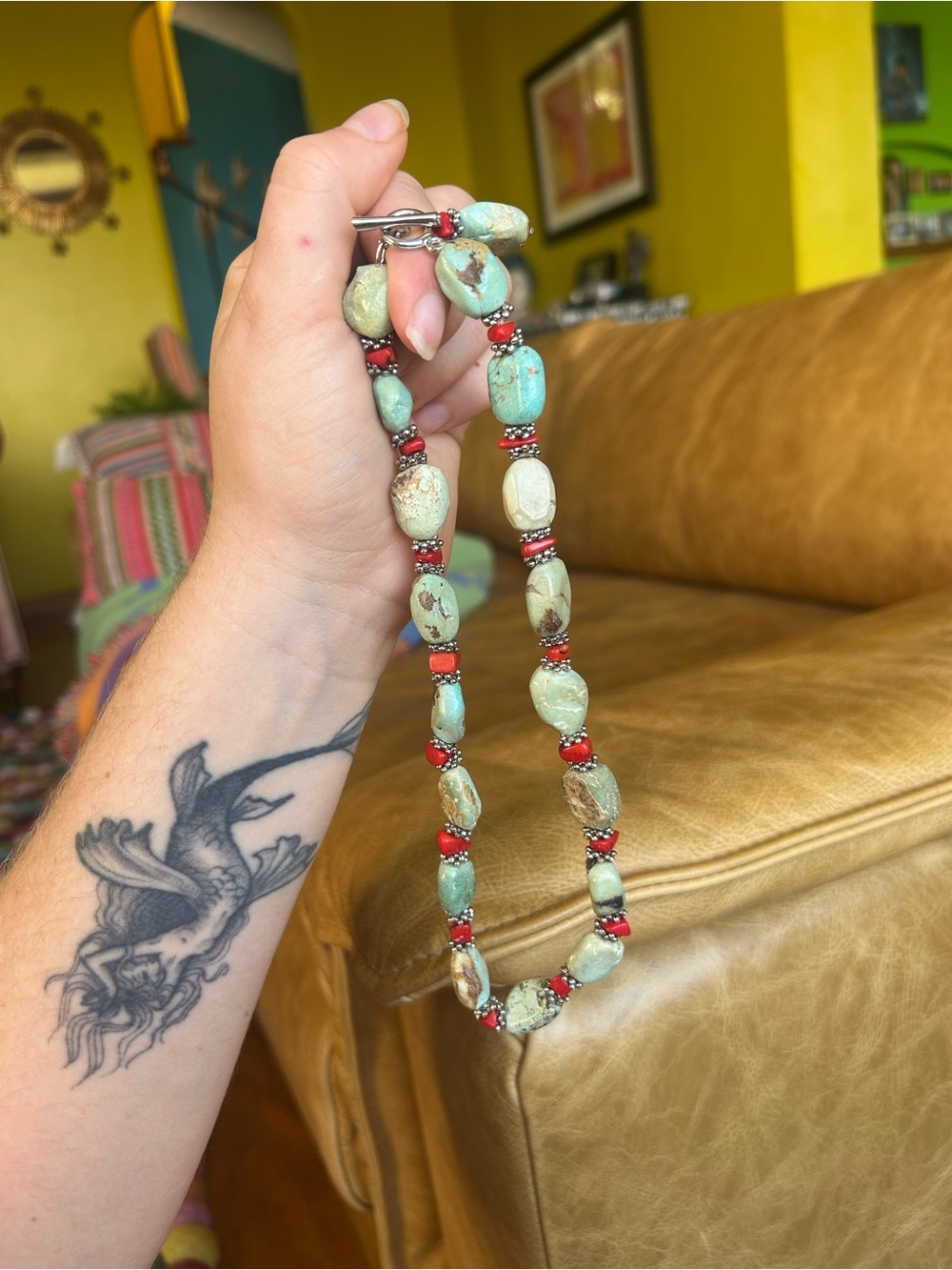 Handcrafted Turquoise and Coral Bead Necklace - Women Jewelry